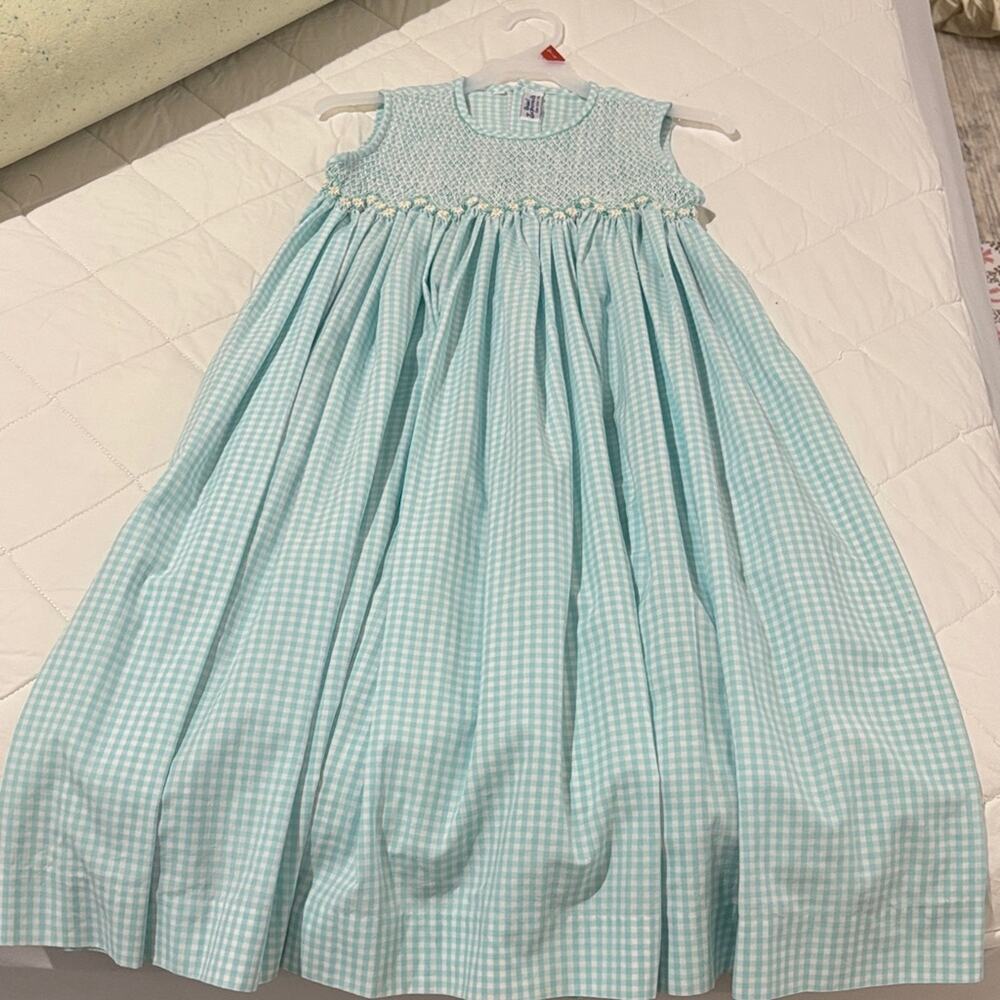 Orient express 7 Blue Gingham Sleeveless Dress smocking with daisies very long